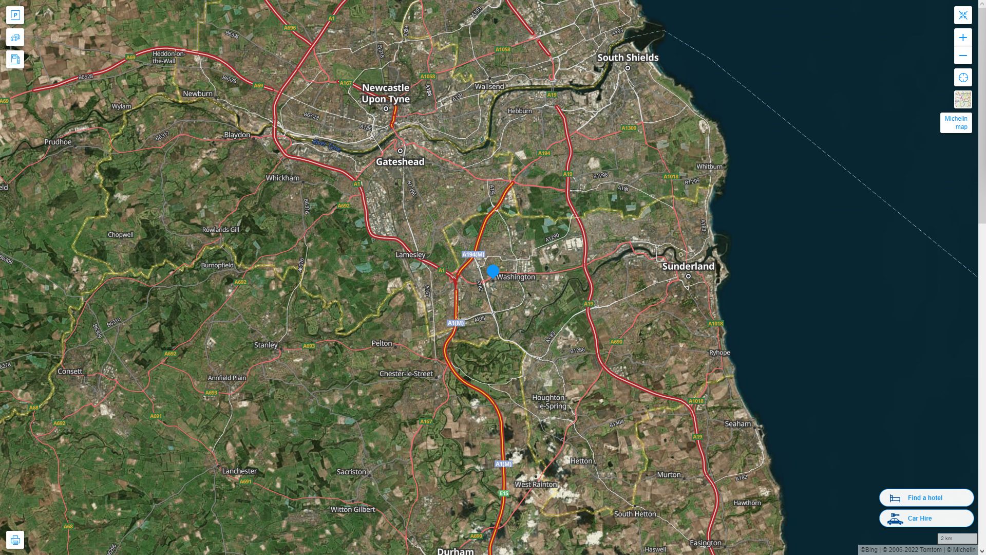 Washington UK Highway and Road Map with Satellite View